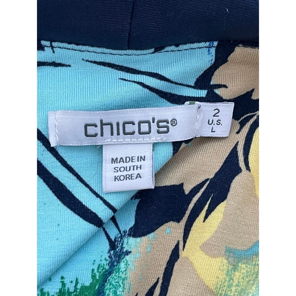 Chicos V-Neck Tunic Women Sz 2 / US L Blue Yellow Abstract Floral 3/4 Sleeve Top - Picture 4 of 9